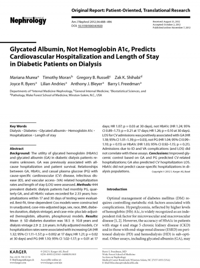 Glycated Albumin, not Haemoglobin A1C, predicts Cardiovascular Hospitalisation and Length of Stay in Diabetic Patients on Dialysis